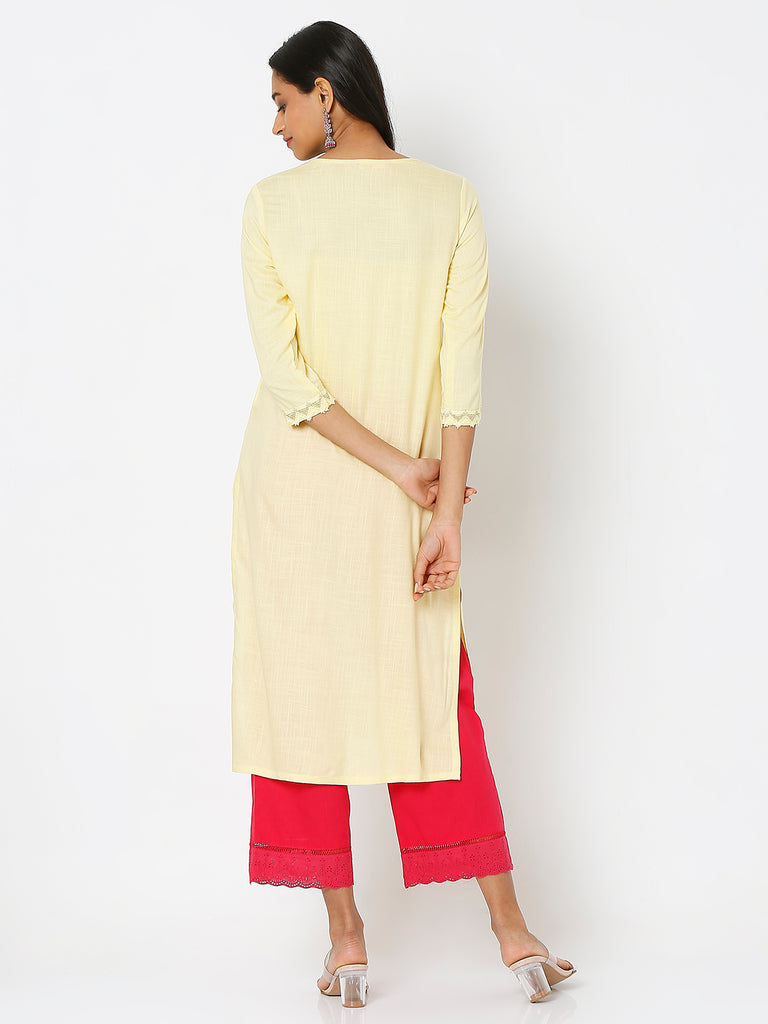 Women's Light Yellow Viscose Embroidered Kurta