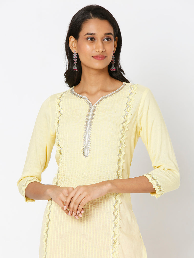 Women's Light Yellow Viscose Embroidered Kurta
