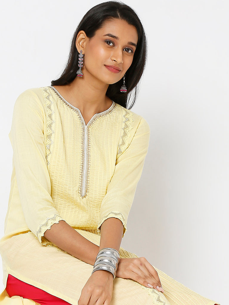 Women's Light Yellow Viscose Embroidered Kurta