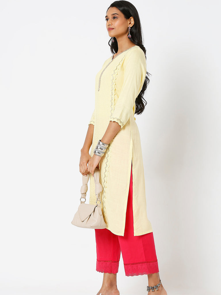 Women's Light Yellow Viscose Embroidered Kurta