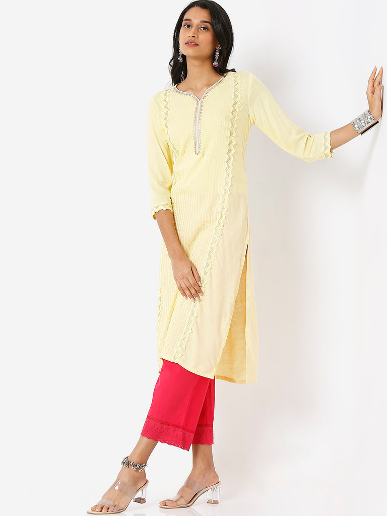 Women's Light Yellow Viscose Embroidered Kurta