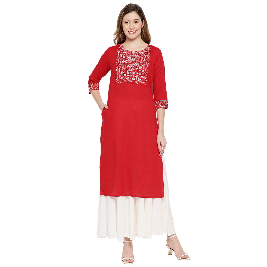 Women Red Cotton Embroidered Kurta