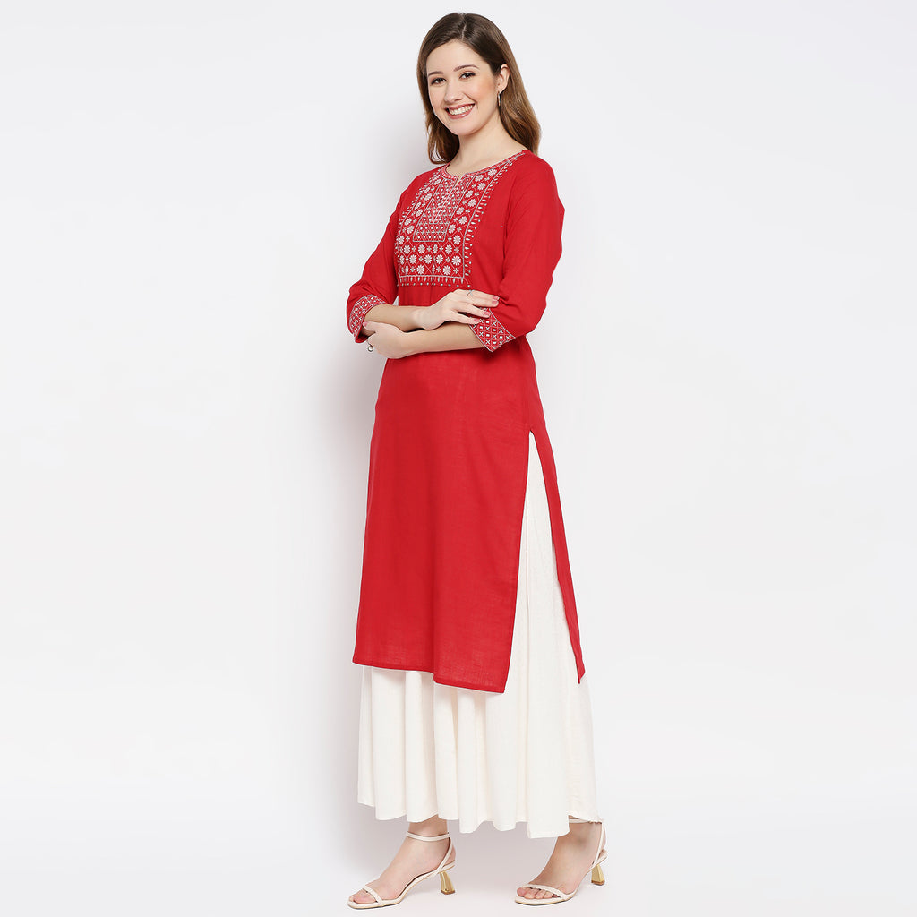 Women Red Cotton Embroidered Kurta