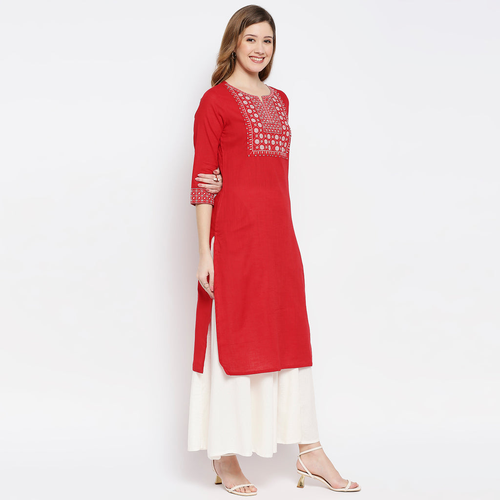 Women Red Cotton Embroidered Kurta