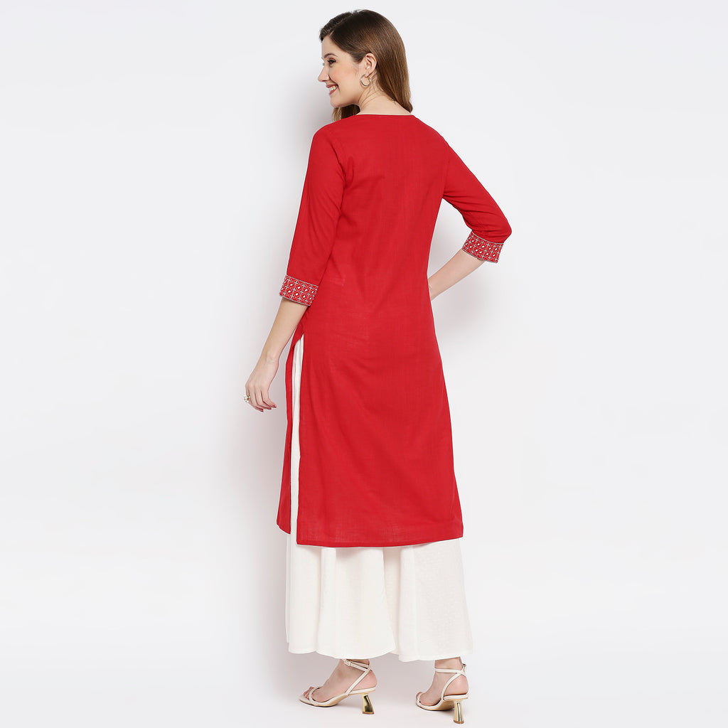Women Red Cotton Embroidered Kurta