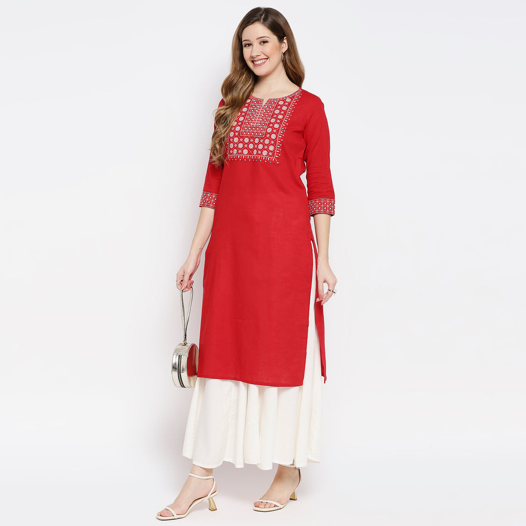 Women Red Cotton Embroidered Kurta