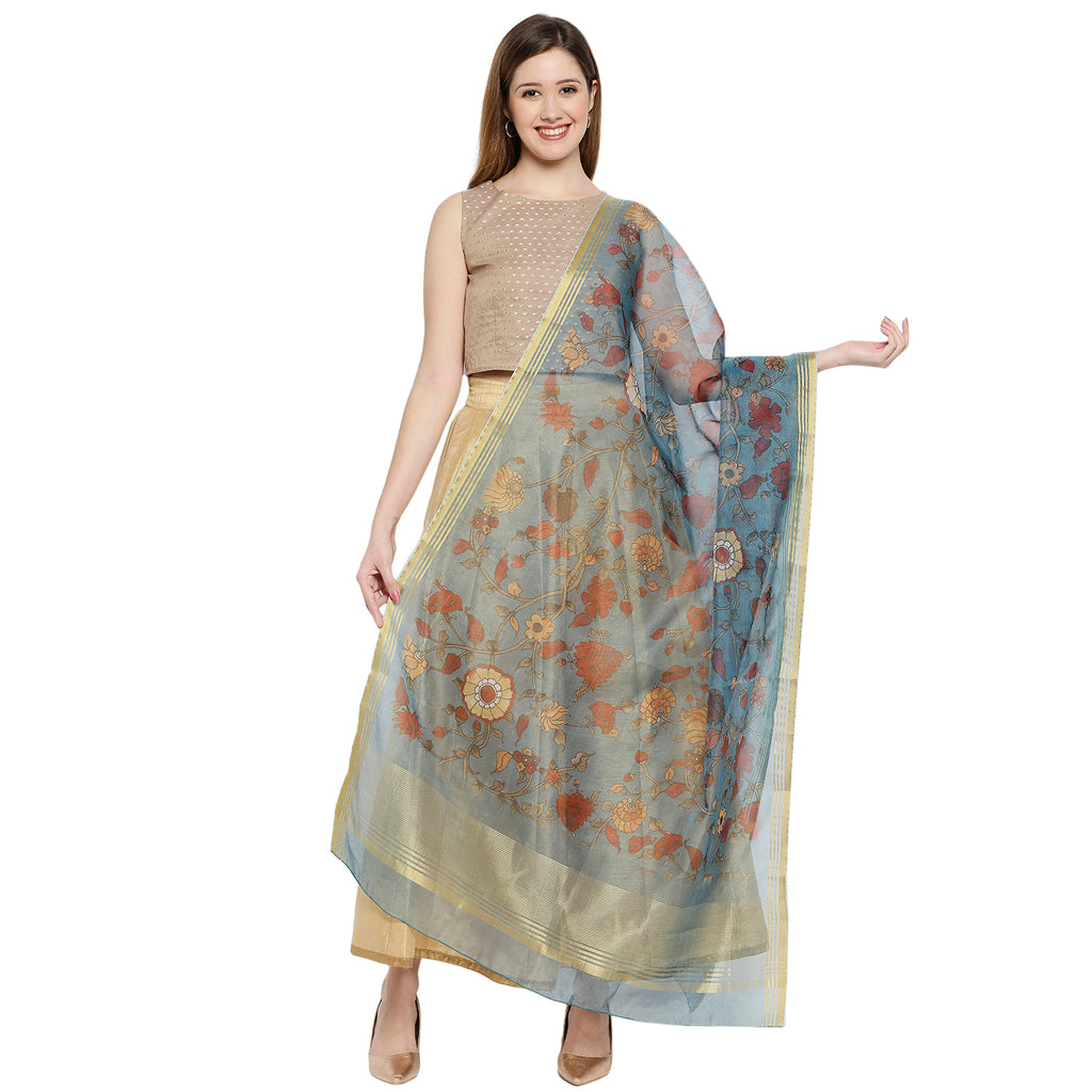 Women Turquoise Chanderi Slub Digital Printed Dupatta