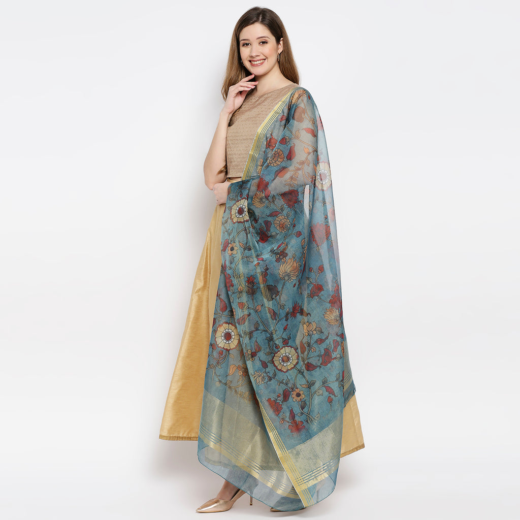 Women Turquoise Chanderi Slub Digital Printed Dupatta