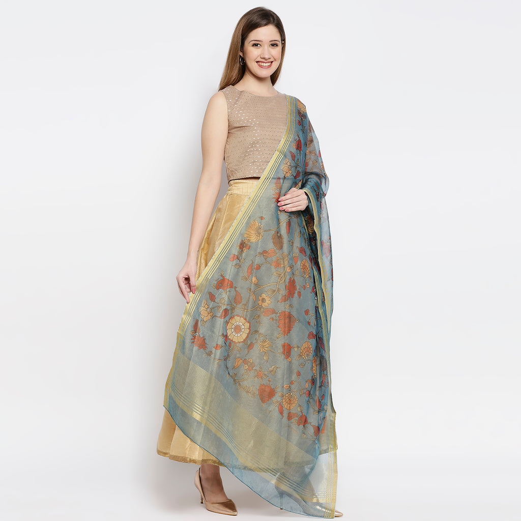 Women Turquoise Chanderi Slub Digital Printed Dupatta