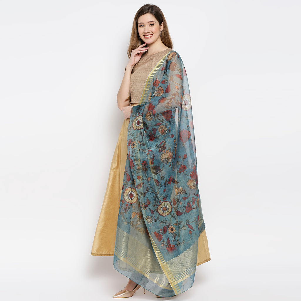 Women Turquoise Chanderi Slub Digital Printed Dupatta