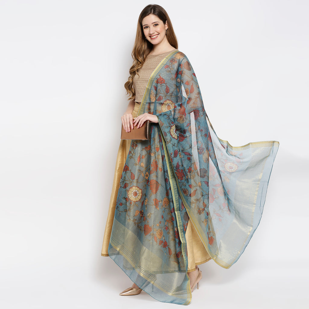Women Turquoise Chanderi Slub Digital Printed Dupatta