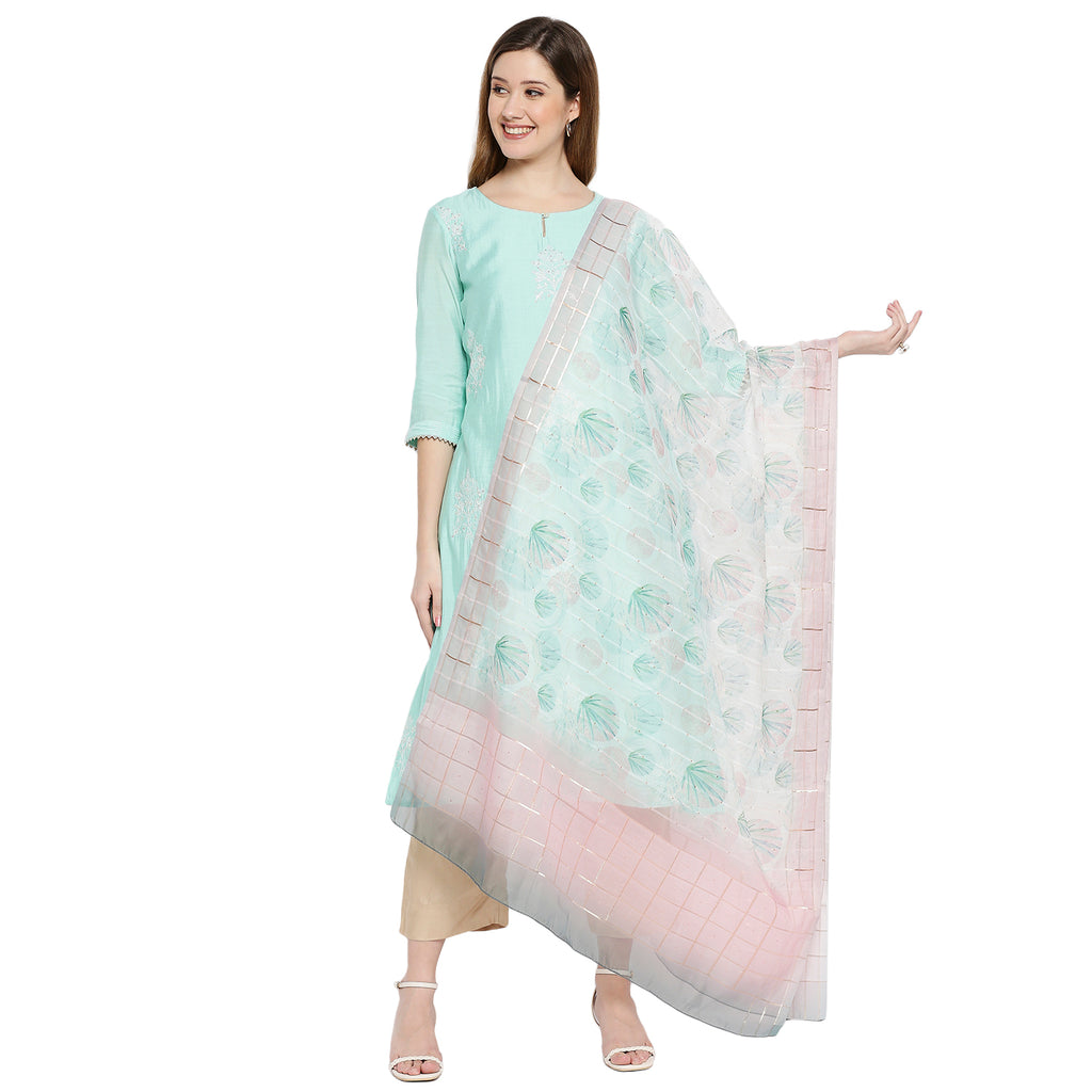 Women Off White Organza Butti With Digital Printed Dupatta