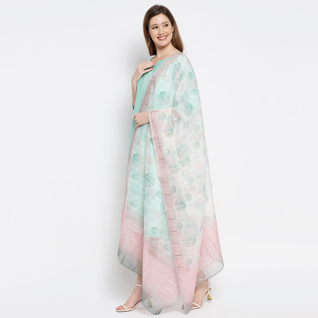 Women Off White Organza Butti With Digital Printed Dupatta