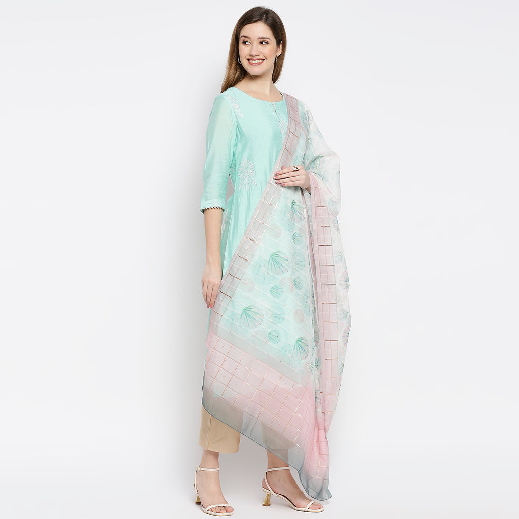 Women Off White Organza Butti With Digital Printed Dupatta
