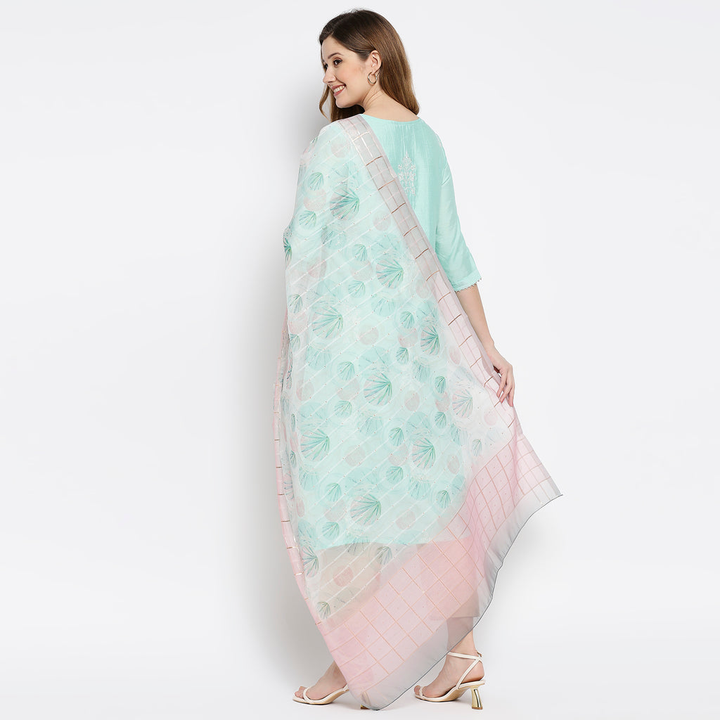 Women Off White Organza Butti With Digital Printed Dupatta