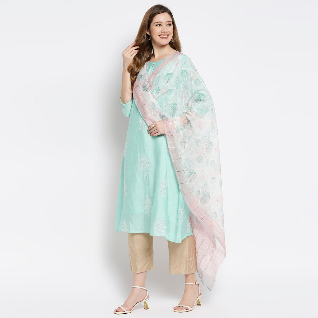 Women Off White Organza Butti With Digital Printed Dupatta