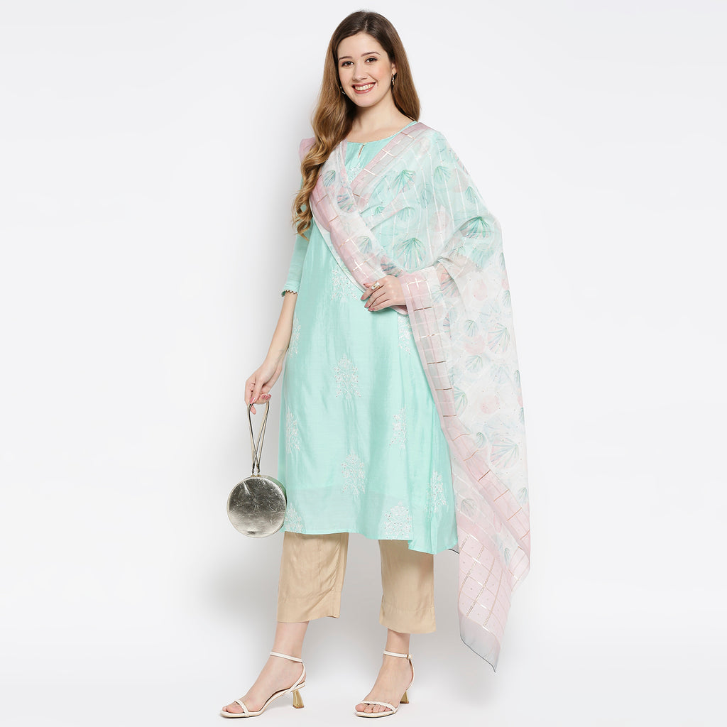 Women Off White Organza Butti With Digital Printed Dupatta