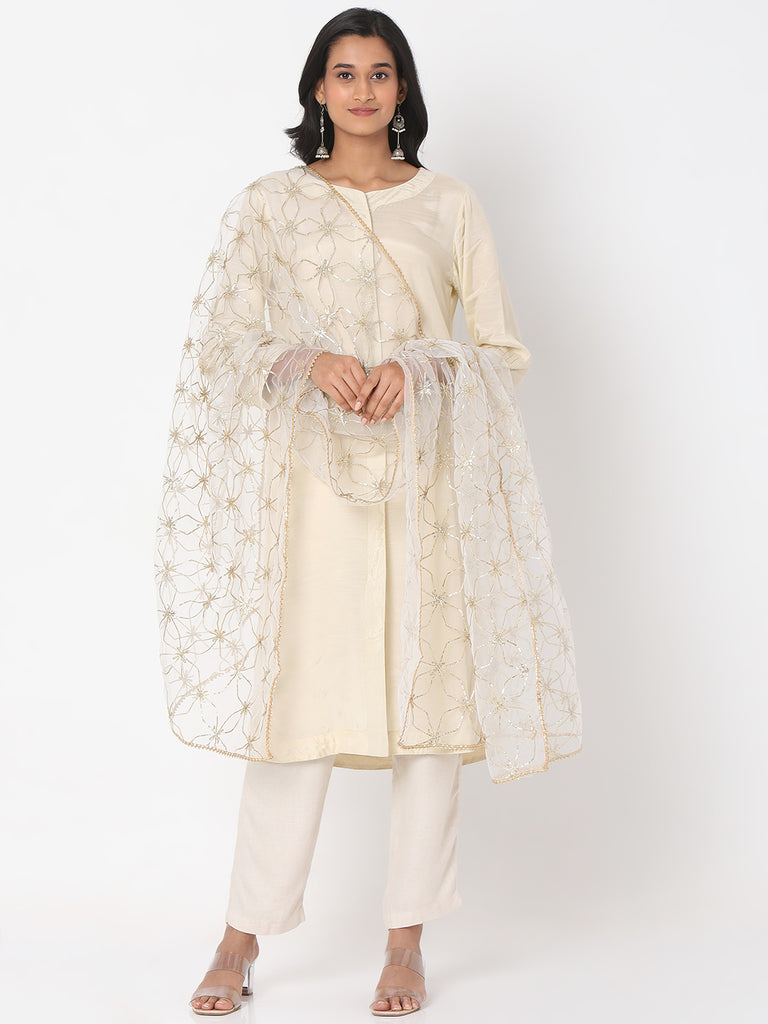 Women's Off White Net Gota Embrodery Embroidered Dupatta
