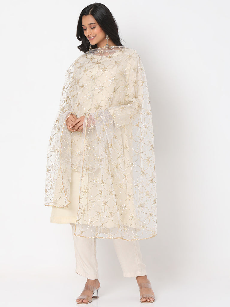 Women's Off White Net Gota Embrodery Embroidered Dupatta