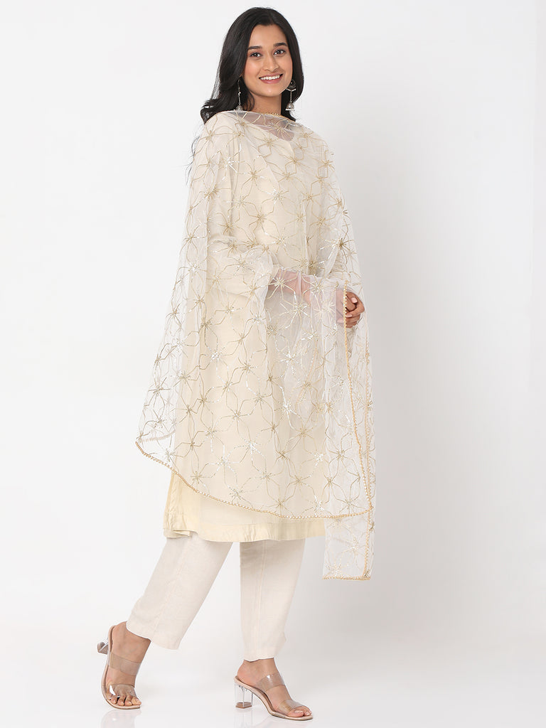 Women's Off White Net Gota Embrodery Embroidered Dupatta