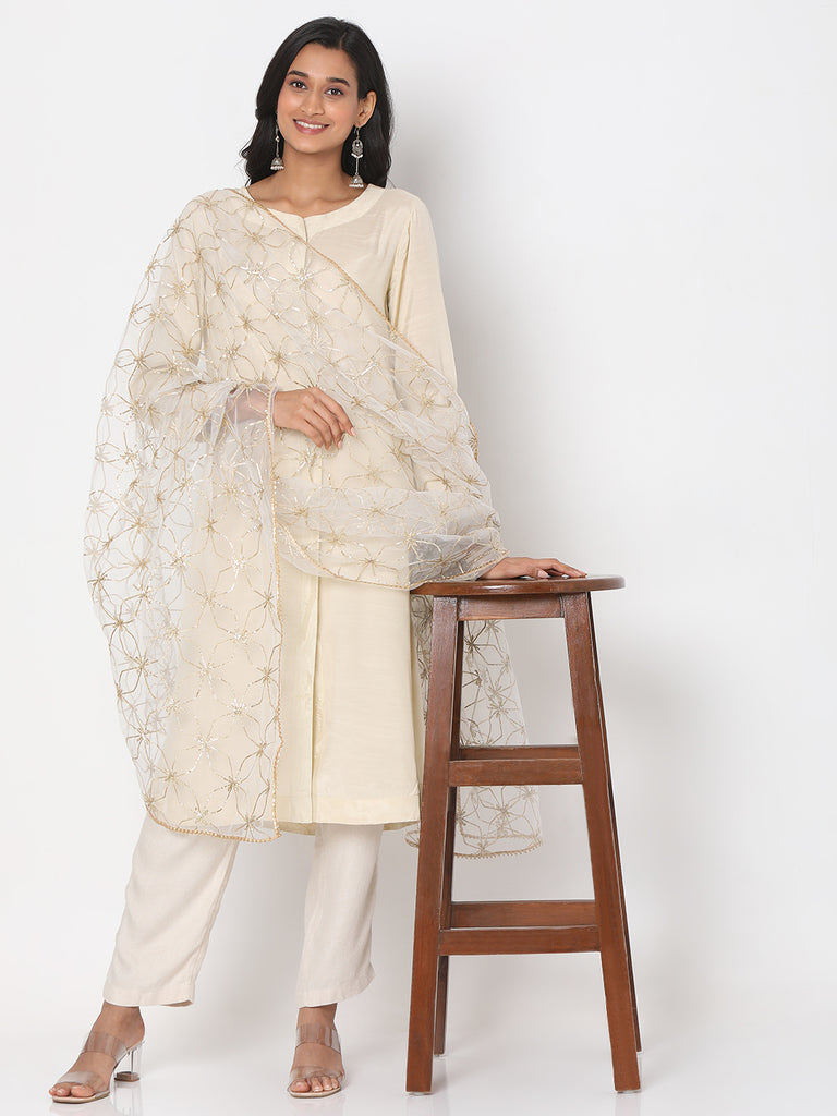 Women's Off White Net Gota Embrodery Embroidered Dupatta