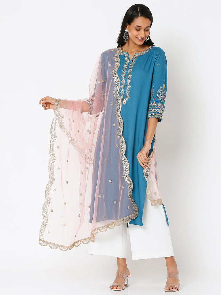 Women's Peach Net Scelop Embrodery Embroidered Dupatta