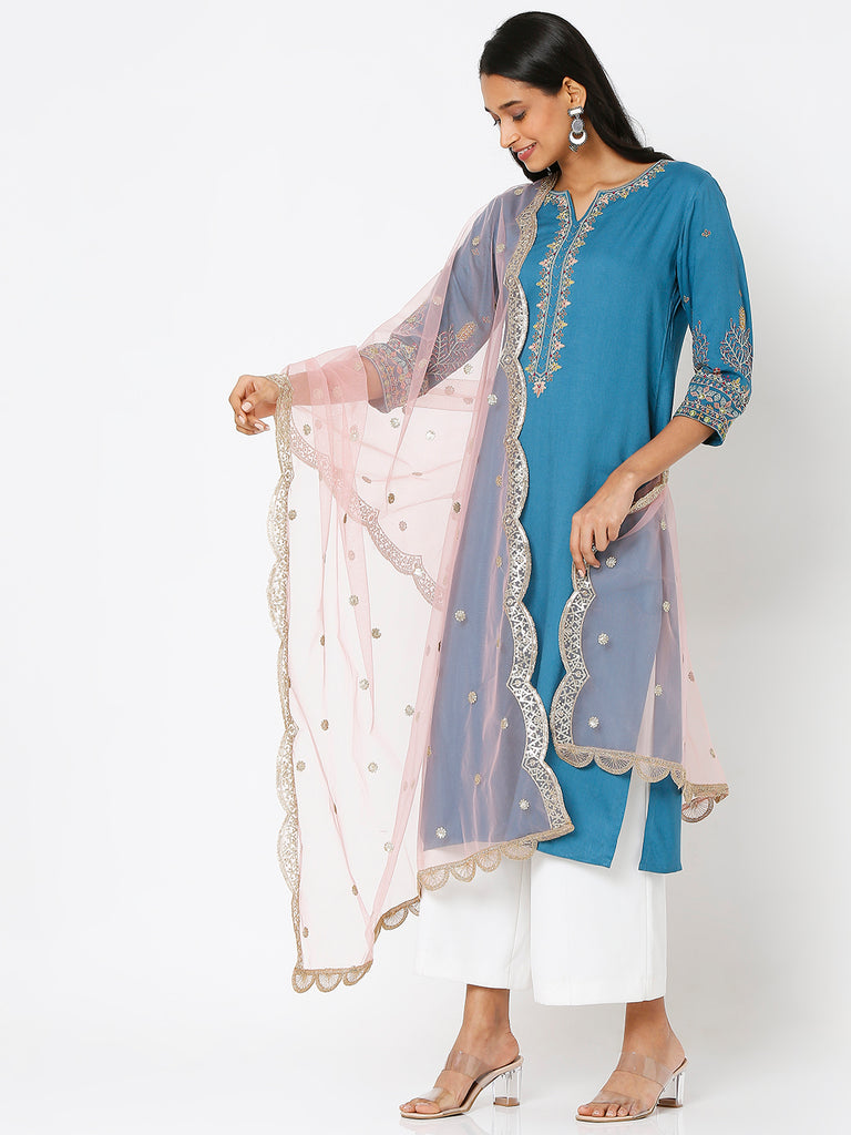 Women's Peach Net Scelop Embrodery Embroidered Dupatta