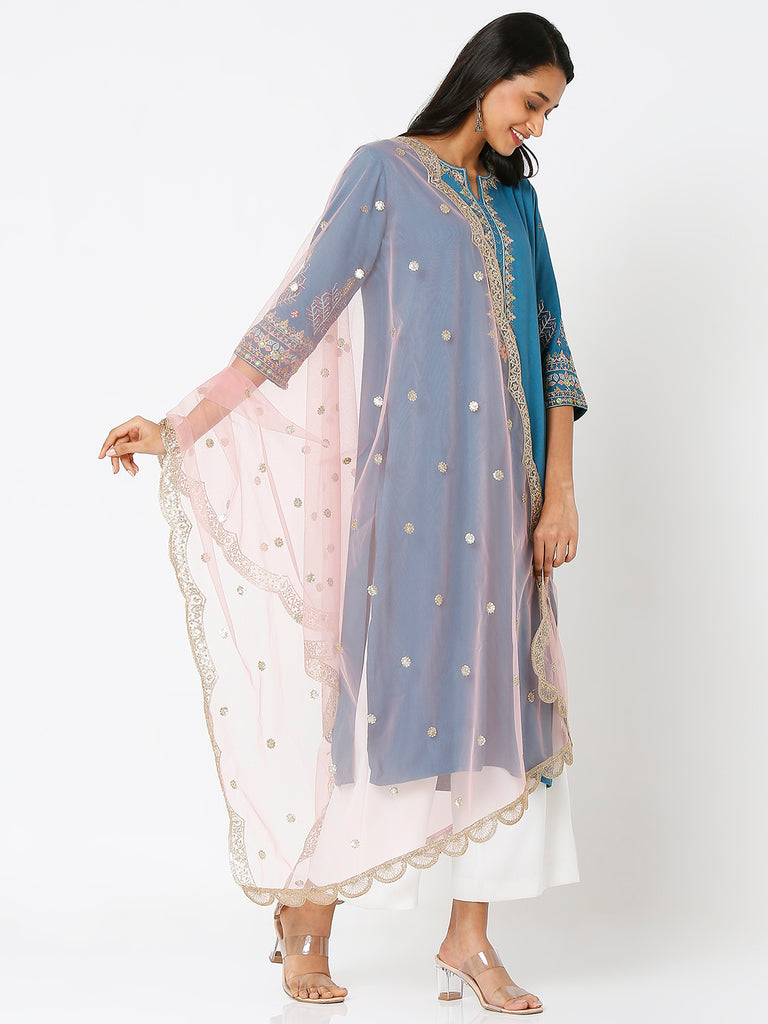 Women's Peach Net Scelop Embrodery Embroidered Dupatta