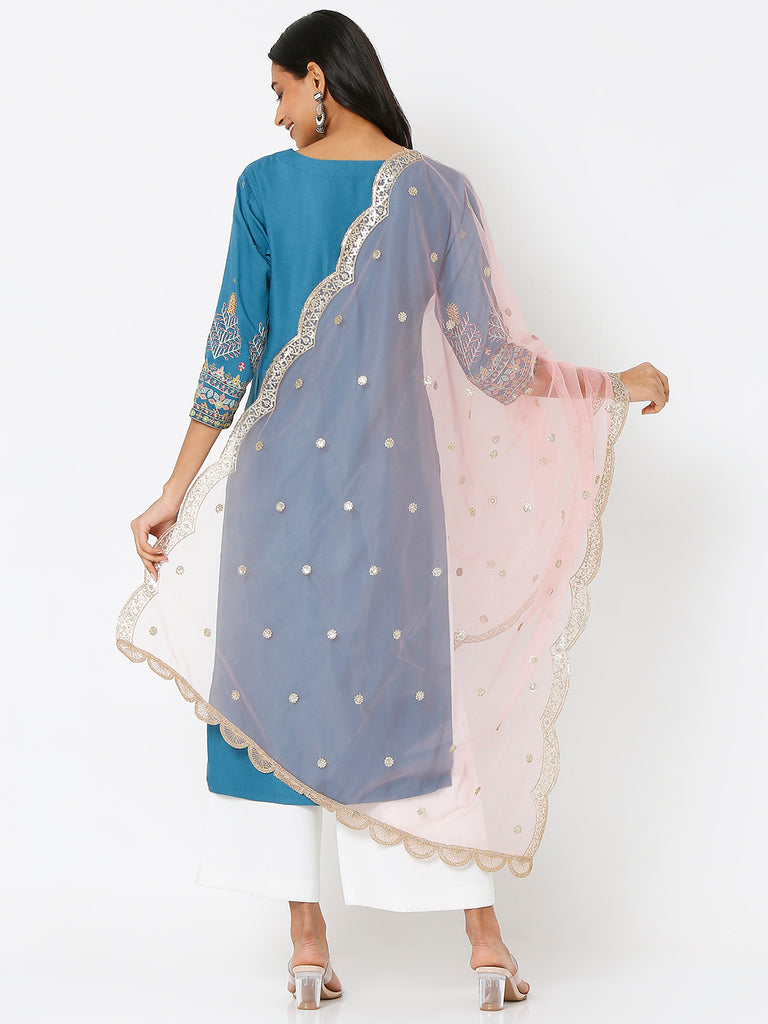 Women's Peach Net Scelop Embrodery Embroidered Dupatta