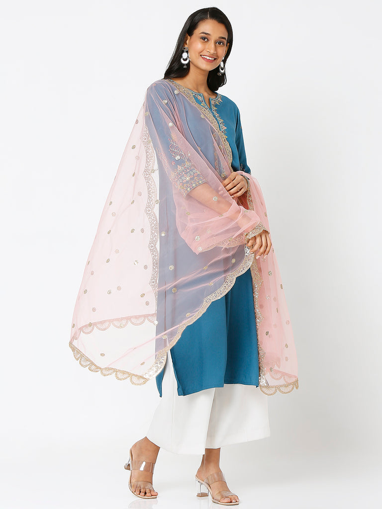 Women's Peach Net Scelop Embrodery Embroidered Dupatta
