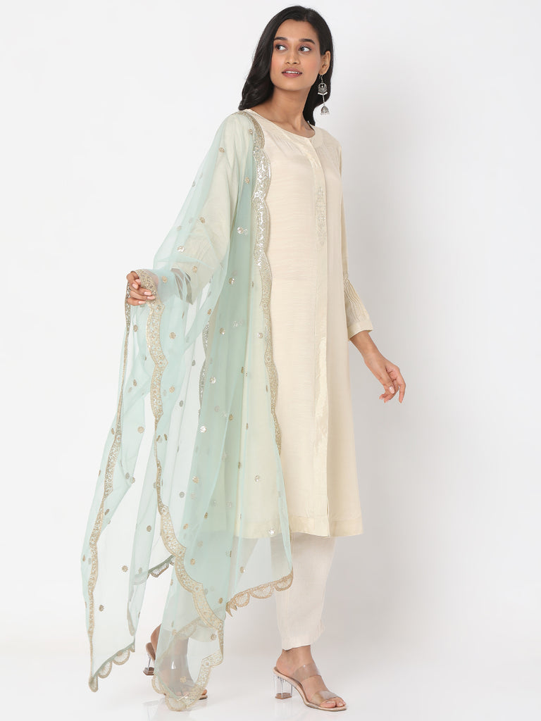 Women's Mint Net Scelop Embrodery Embroidered Dupatta