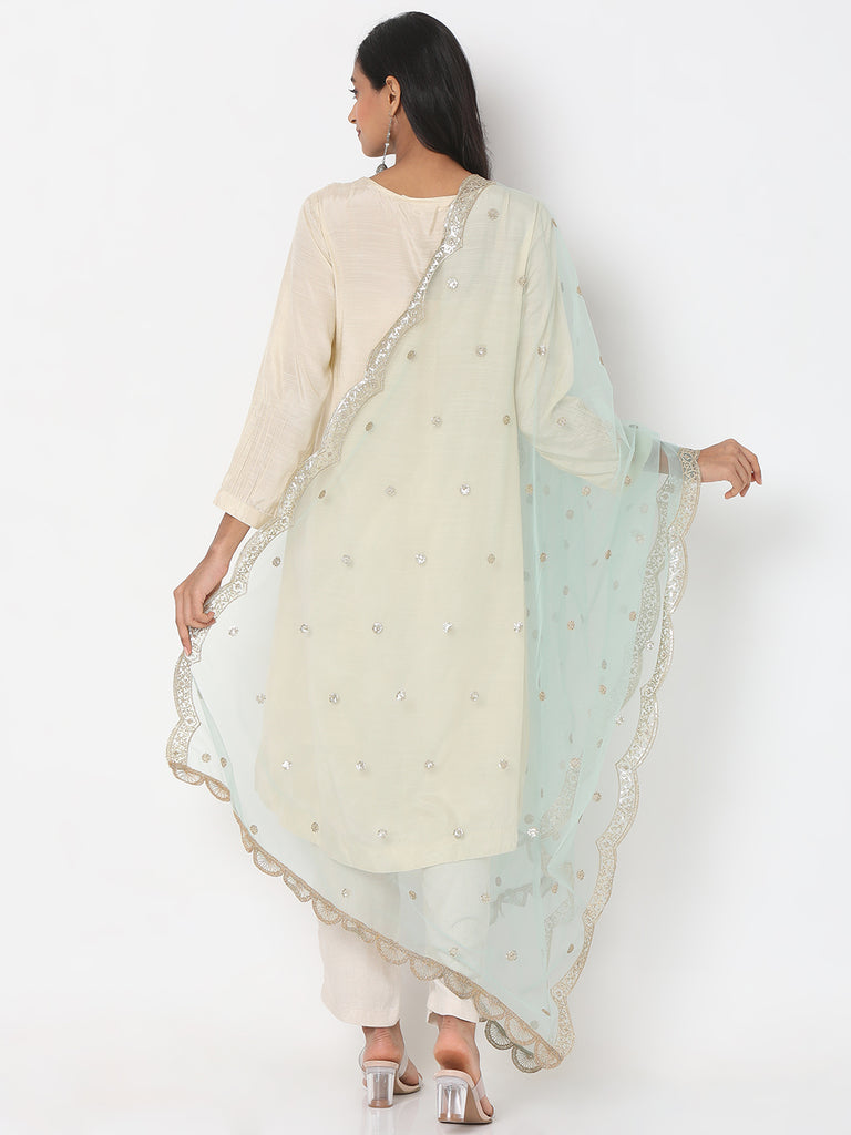 Women's Mint Net Scelop Embrodery Embroidered Dupatta