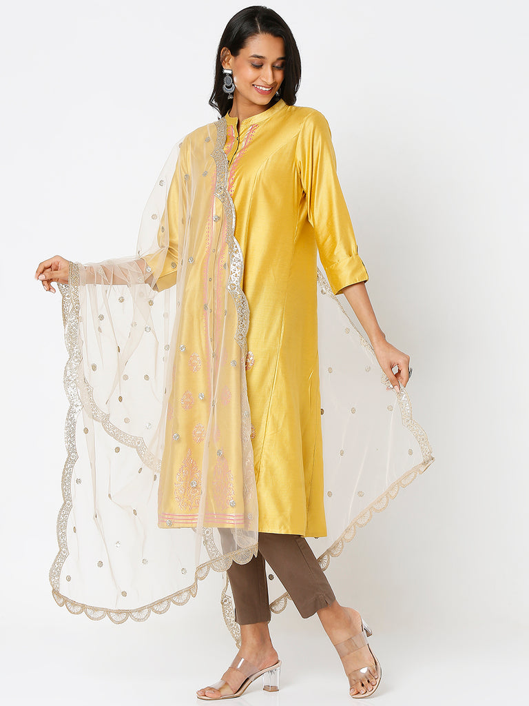 Women's Gold Net Scelop Embrodery Embroidered Dupatta