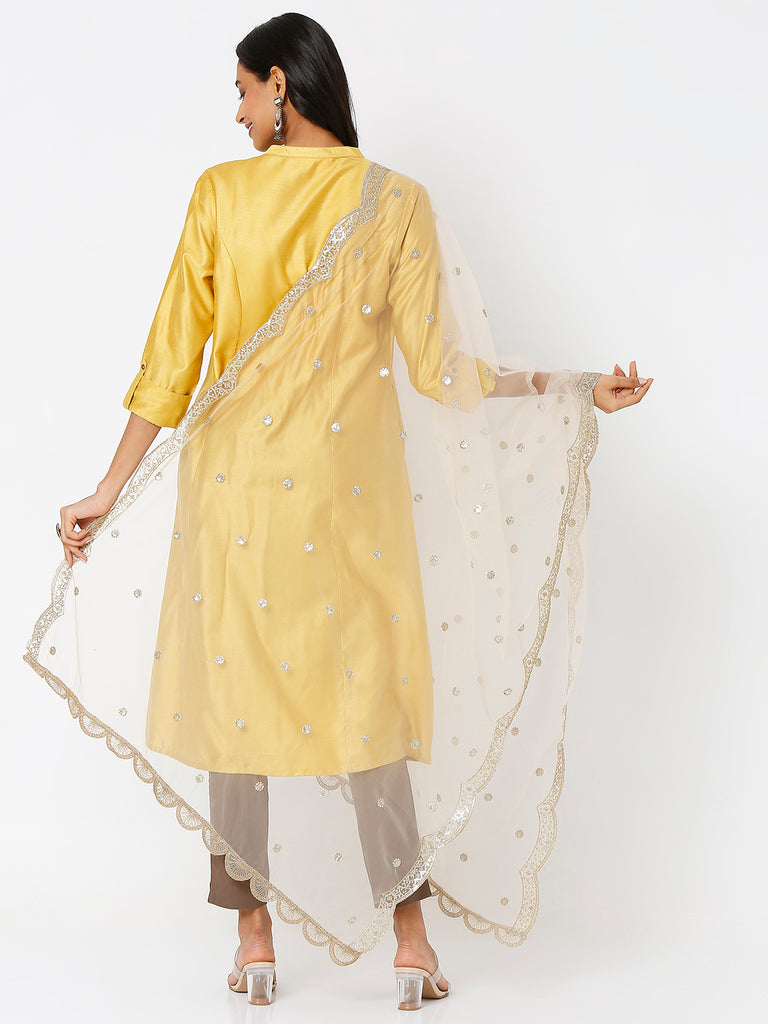 Women's Gold Net Scelop Embrodery Embroidered Dupatta