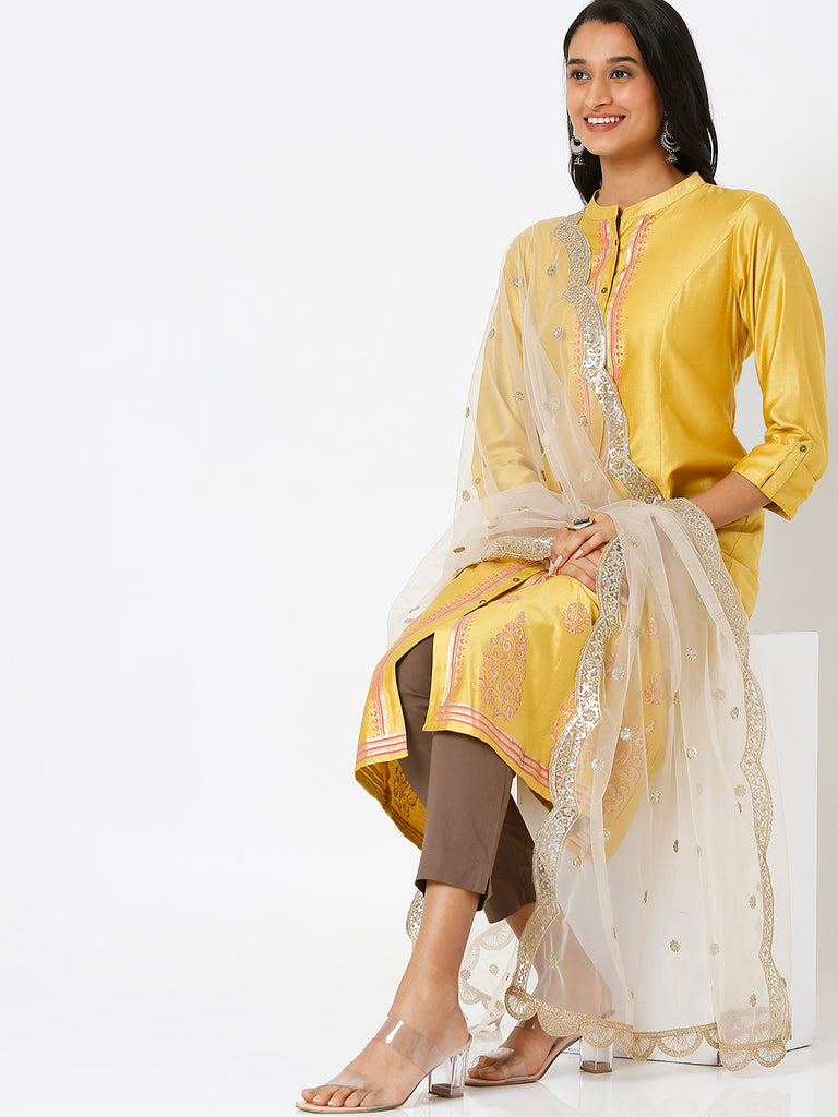 Women's Gold Net Scelop Embrodery Embroidered Dupatta