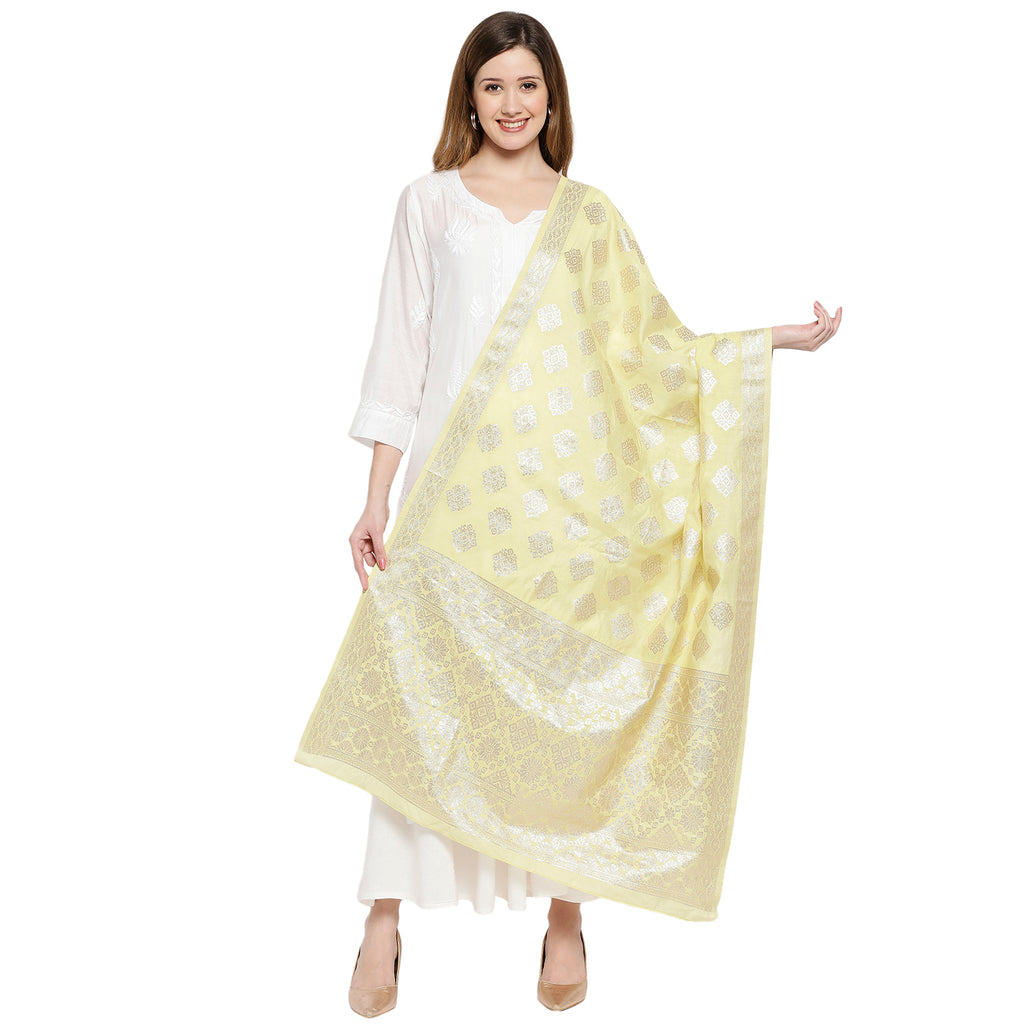 Women Lime Green Viscose Chanderi Jacquard Printed Dupatta