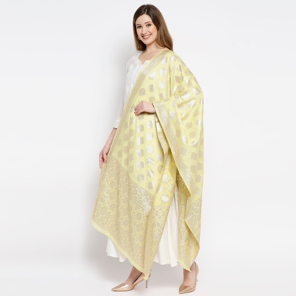 Women Lime Green Viscose Chanderi Jacquard Printed Dupatta