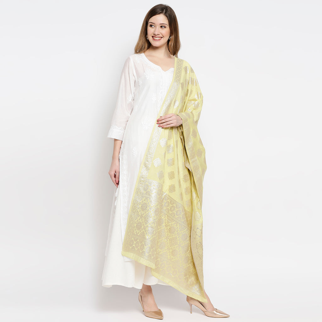 Women Lime Green Viscose Chanderi Jacquard Printed Dupatta