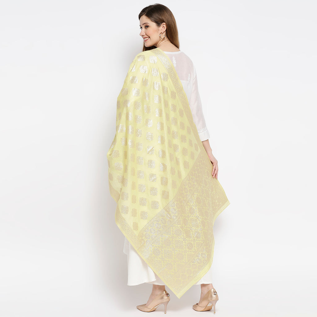 Women Lime Green Viscose Chanderi Jacquard Printed Dupatta