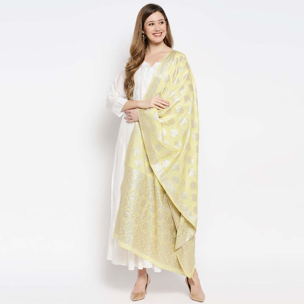 Women Lime Green Viscose Chanderi Jacquard Printed Dupatta