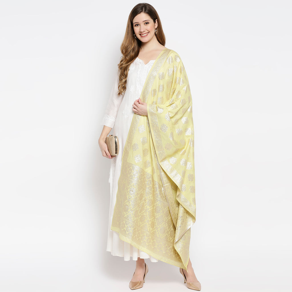 Women Lime Green Viscose Chanderi Jacquard Printed Dupatta