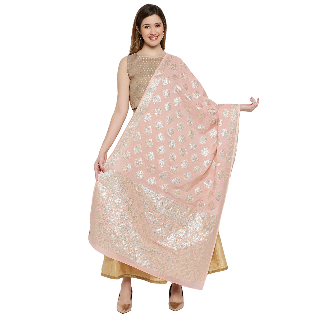 Women Pink Viscose Chanderi Jacquard Printed Dupatta
