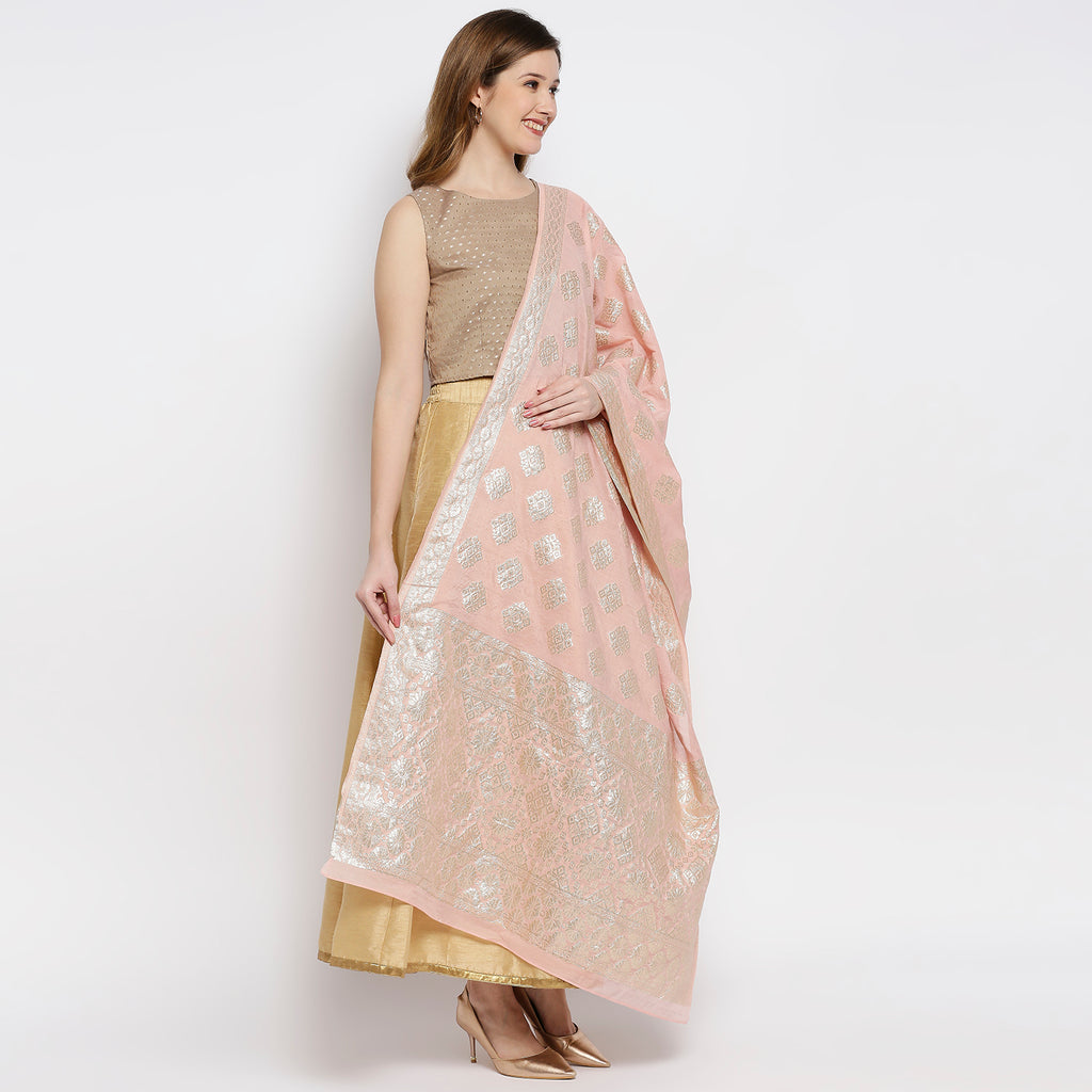 Women Pink Viscose Chanderi Jacquard Printed Dupatta