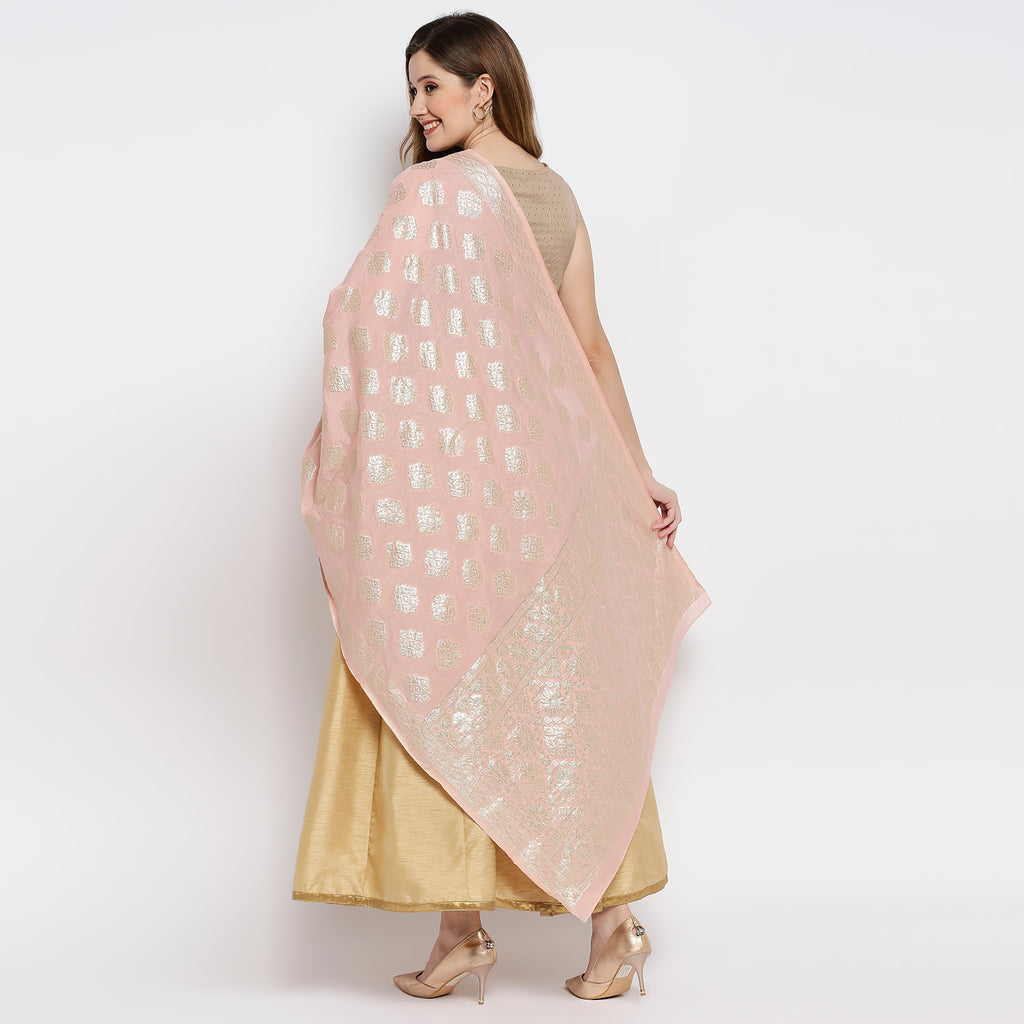 Women Pink Viscose Chanderi Jacquard Printed Dupatta