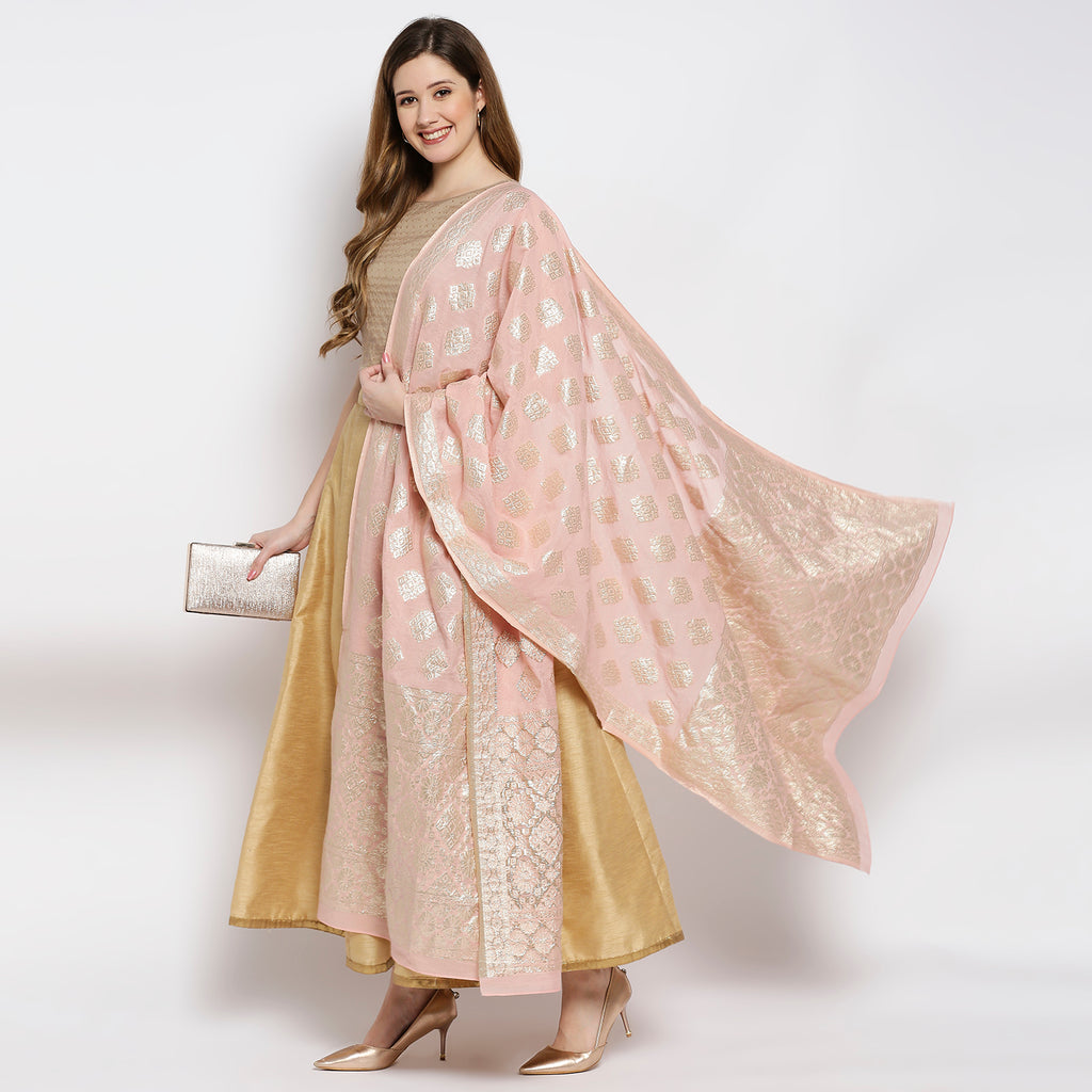 Women Pink Viscose Chanderi Jacquard Printed Dupatta