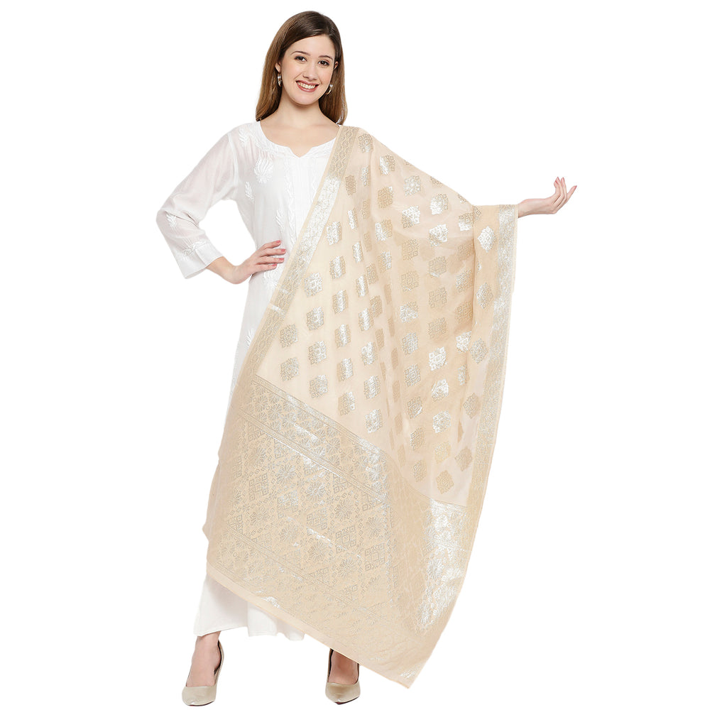 Women Beige Viscose Chanderi Jacquard Printed Dupatta