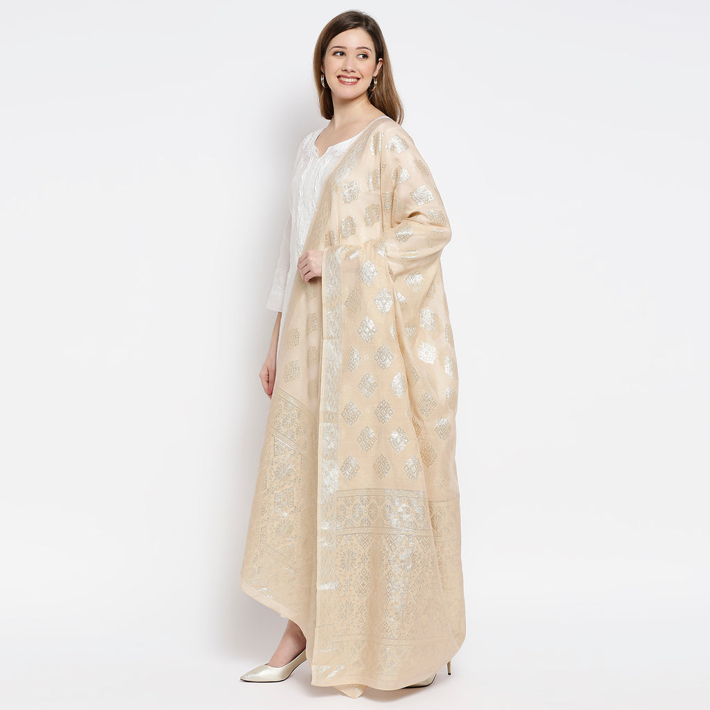 Women Beige Viscose Chanderi Jacquard Printed Dupatta