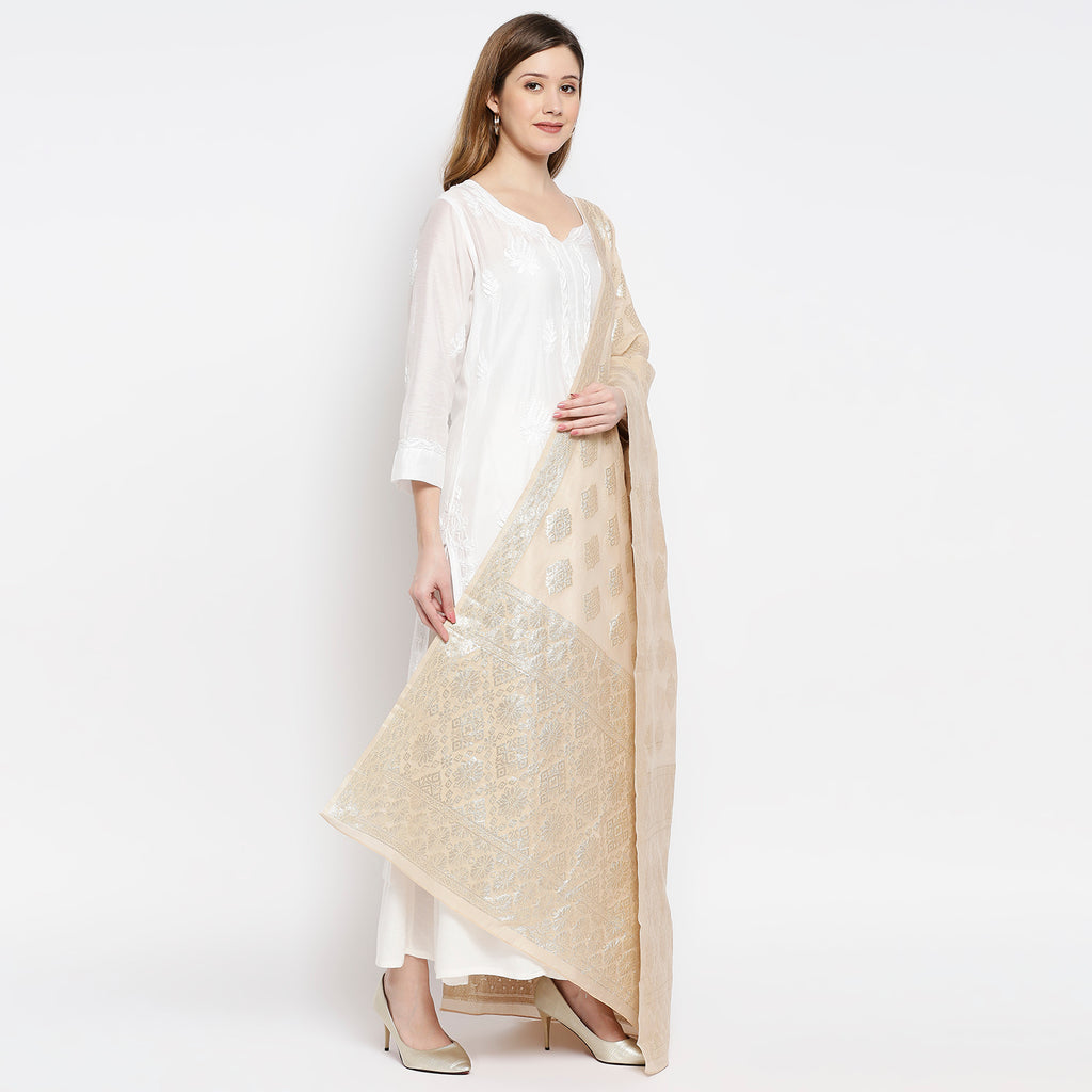 Women Beige Viscose Chanderi Jacquard Printed Dupatta