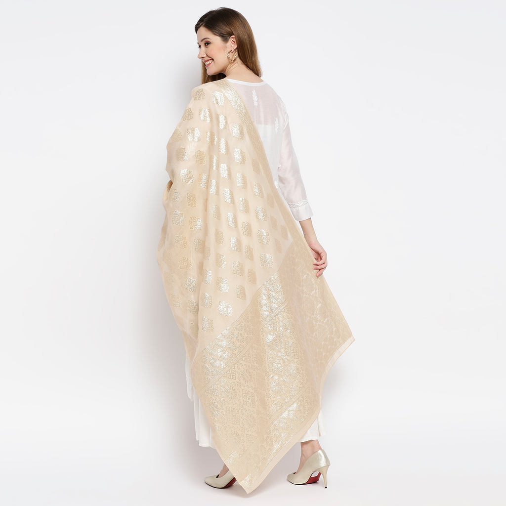 Women Beige Viscose Chanderi Jacquard Printed Dupatta