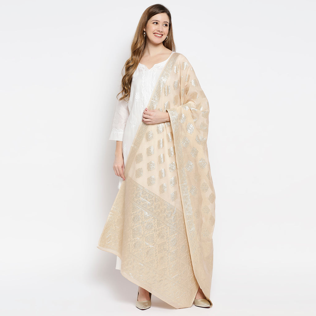 Women Beige Viscose Chanderi Jacquard Printed Dupatta